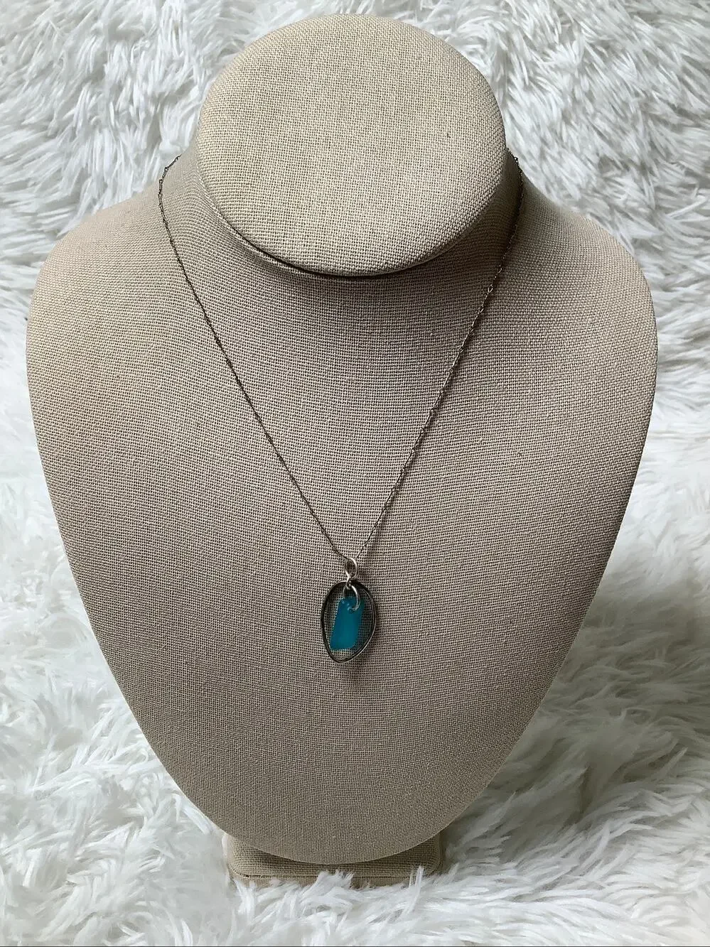 925 Sterling Silver Italian Turquoise Sea Glass Pendant Necklace Coastal E20-18